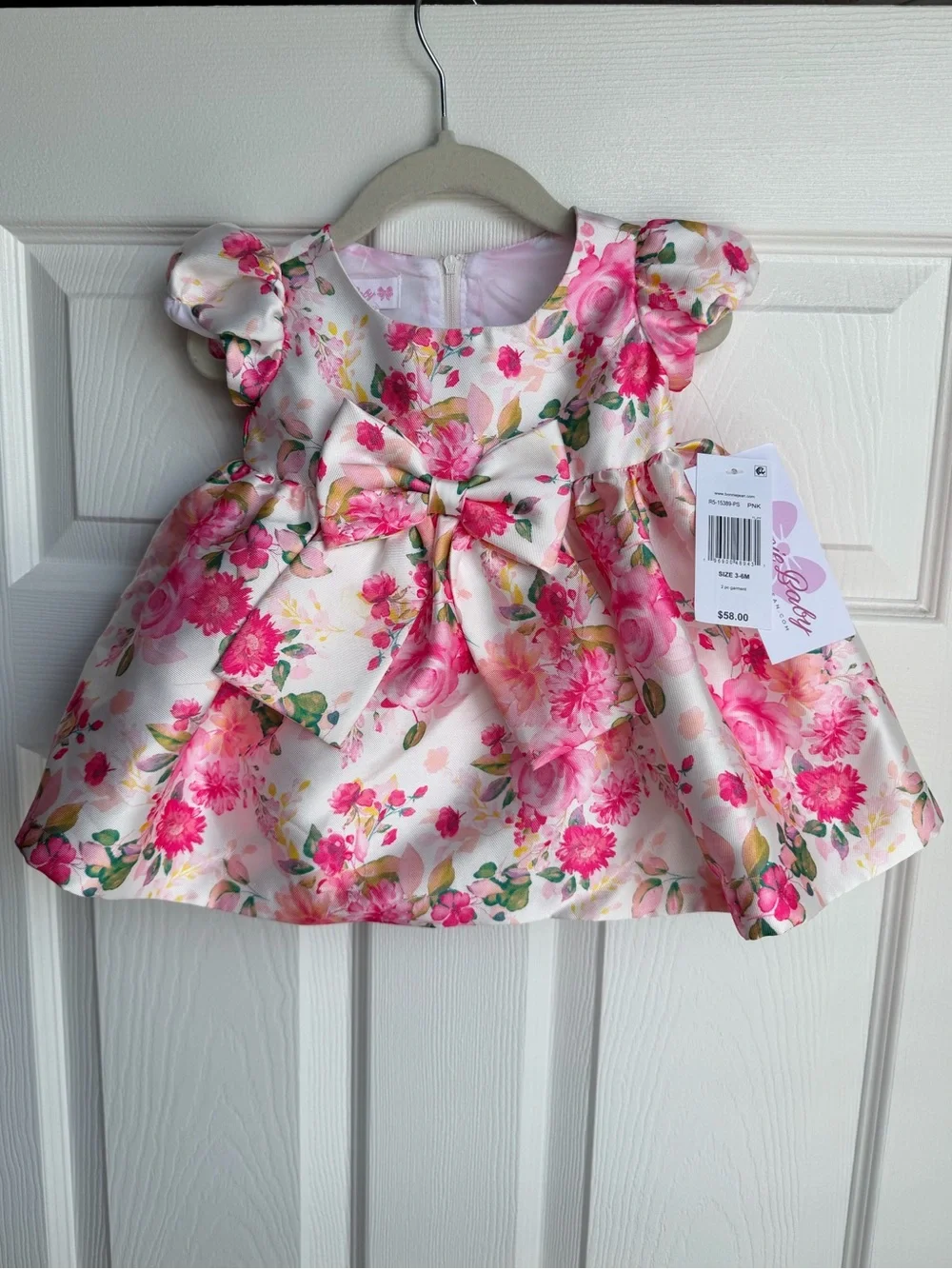Bonnie Baby Pink Floral Bow Infant Dress- Size 3-6M